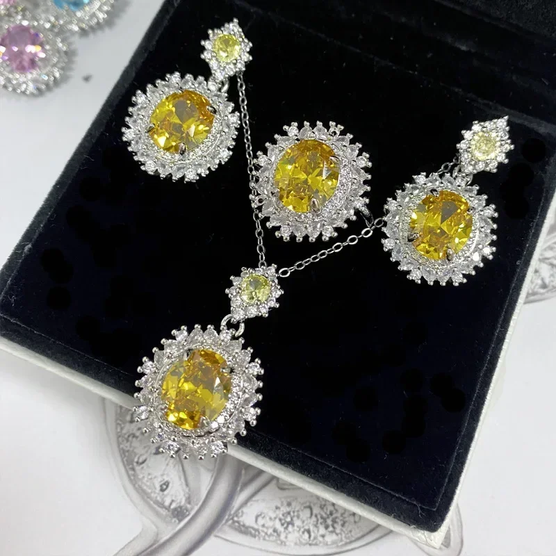 MDL مويسانيتي. نمط جديد فاخر مجموعة مجوهرات ملونة مطعمة الزبرجد توباز خاتم سيترين أقراط قلادة الماس الوردي #4