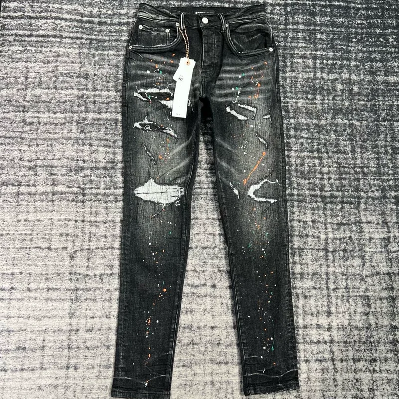 

24SS Vintage Ripped rupture Denim Purple Hip Hop Graffiti print Fashion Jeans Men's Purple High-quality Outdoor Casual Pants