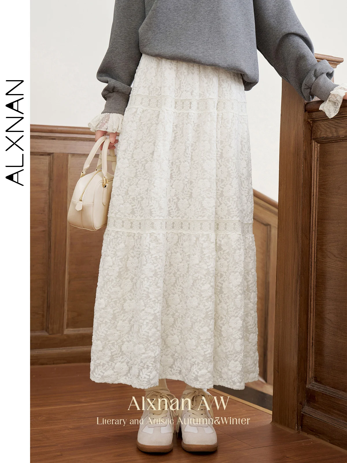 

ALXNAN Women's Temperament Skirts 2024 Autumn Winter Lace Patchwork Solid Loose Warm Midi Skirt Female All-match Bottoms L52111