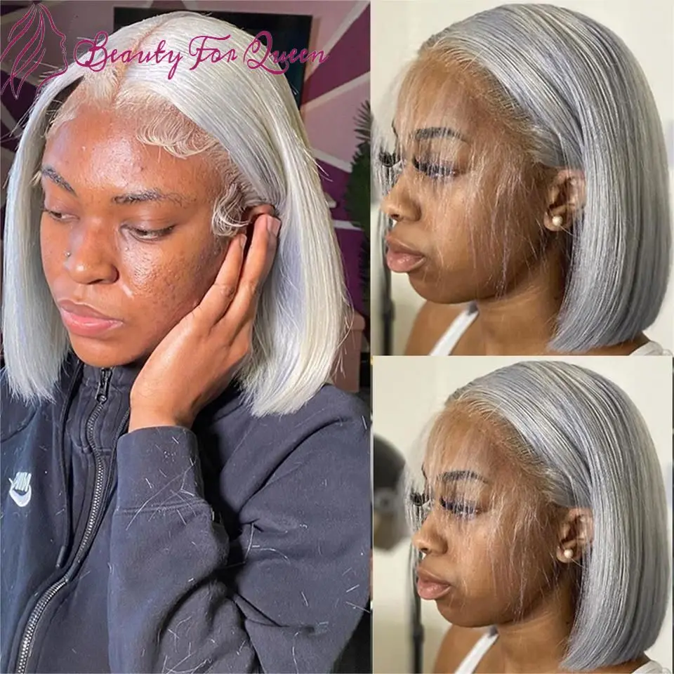 

Прозрачный парик из бразильских натуральных волос, 200% плотности, с кружевной передней частью 13x4, серый, прямой, короткий боб, для косплея, для женщин, предварительно выщипанный