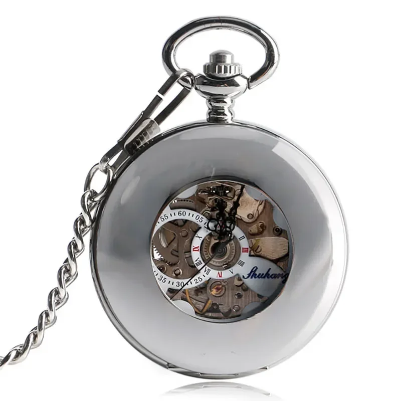 

Vintage Silver Smooth Case Half Hunter Unisex Automatic Mechancial Pocket Watches with Roman Numbers Pendant Skeleton Chain Gift