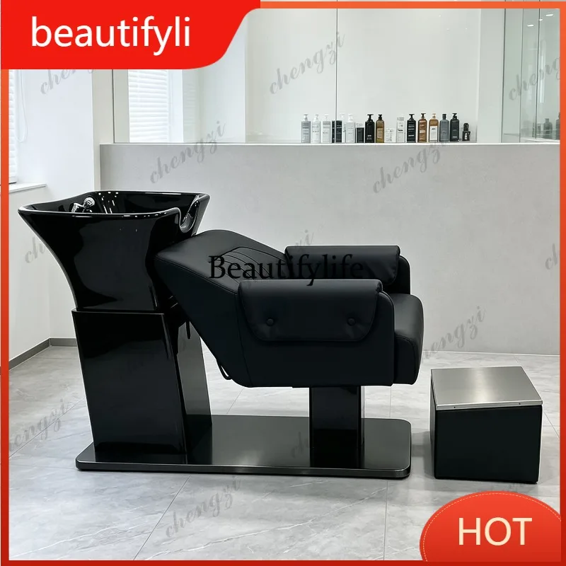 A139 Stainless steel shampoo bed hairdresser ceramic basin punch bed hair salon semi-lying flush bed