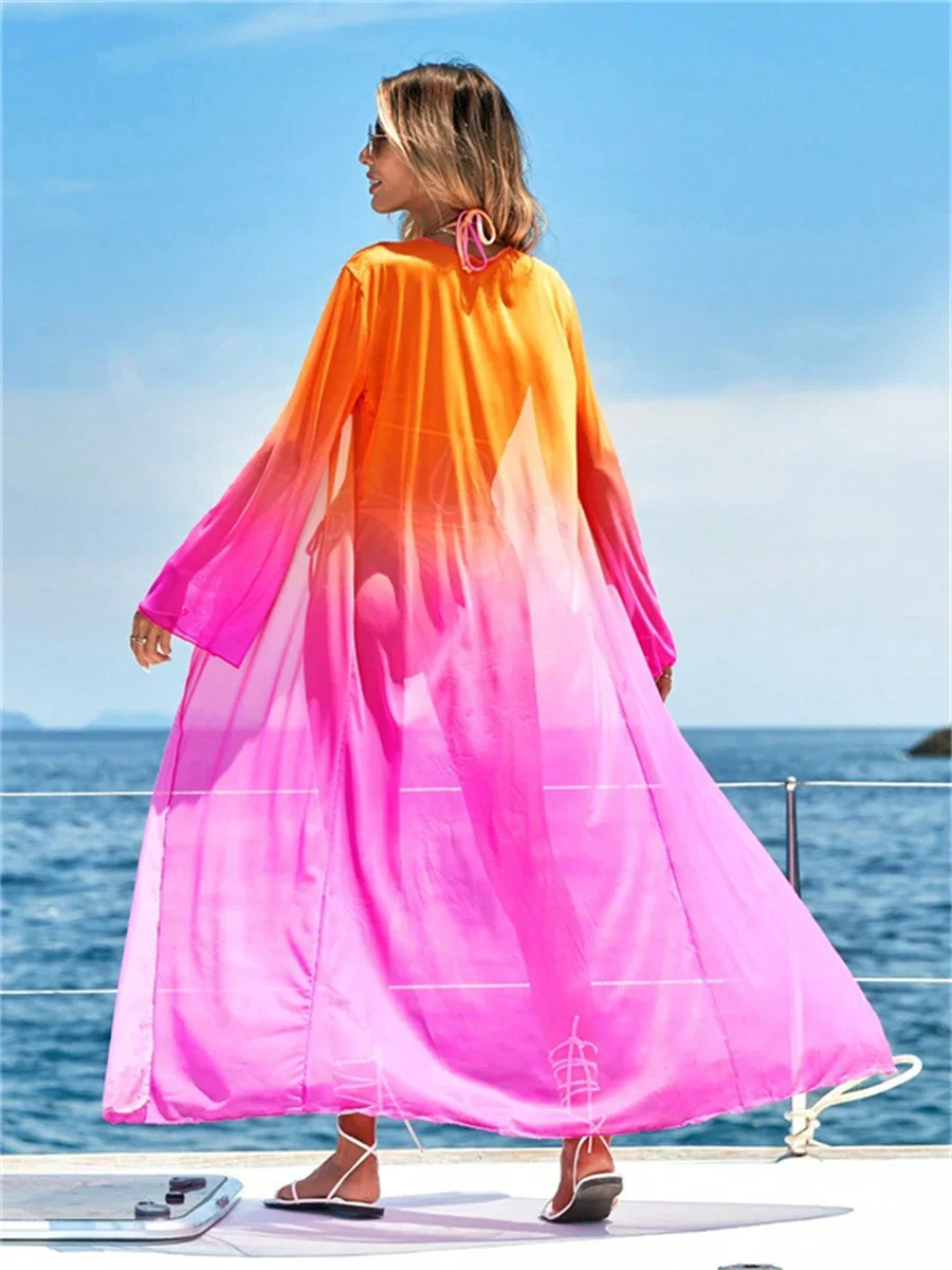 Sexy Kimono 3-delige bikiniset 2024 Vrouwen Roze Gradiënt Lange Mouw Cover Up Badpak Vakantie Zomer Badpak String Badmode