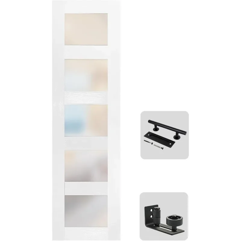36 بوصة × 84 بوصة باب الحظيرة MDF الزجاجي المنزلق مع مجموعة أدوات الأبواب المنزلقة بطول 6.6 قدم، 5 زجاج بلوري مقسى