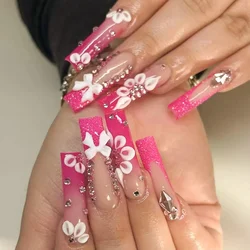 24Pcs Long False Nails Press on Nails Full Cover Butterfly French Coffin Glitter Small Diamonds Wearable Manicure Nail Tips Art