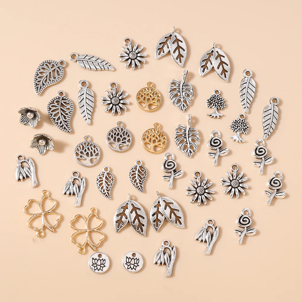 Leslie 50 Stück silberfarbene Metall-Anhänger mit Baumblatt- und Blumenmotiv, passend für DIY-Schmuckherstellung, Halsketten, Legierungsarmbänder, handgefertigtes Kunsthandwerk – Detail 2