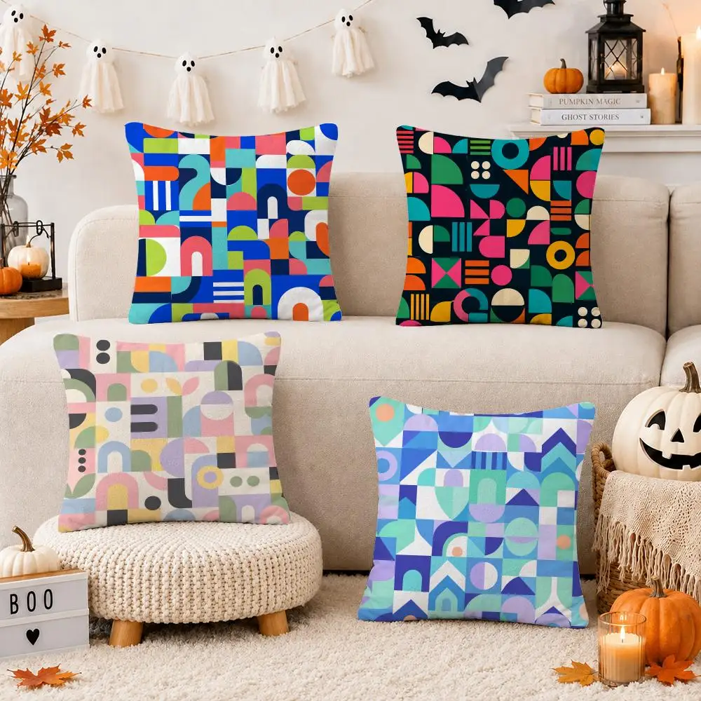 Bright Color Block Shapes Cushion Cover Short Plush Double Sided Printed Soft Pillow Case Home Sofa Decor Festival Gifts
