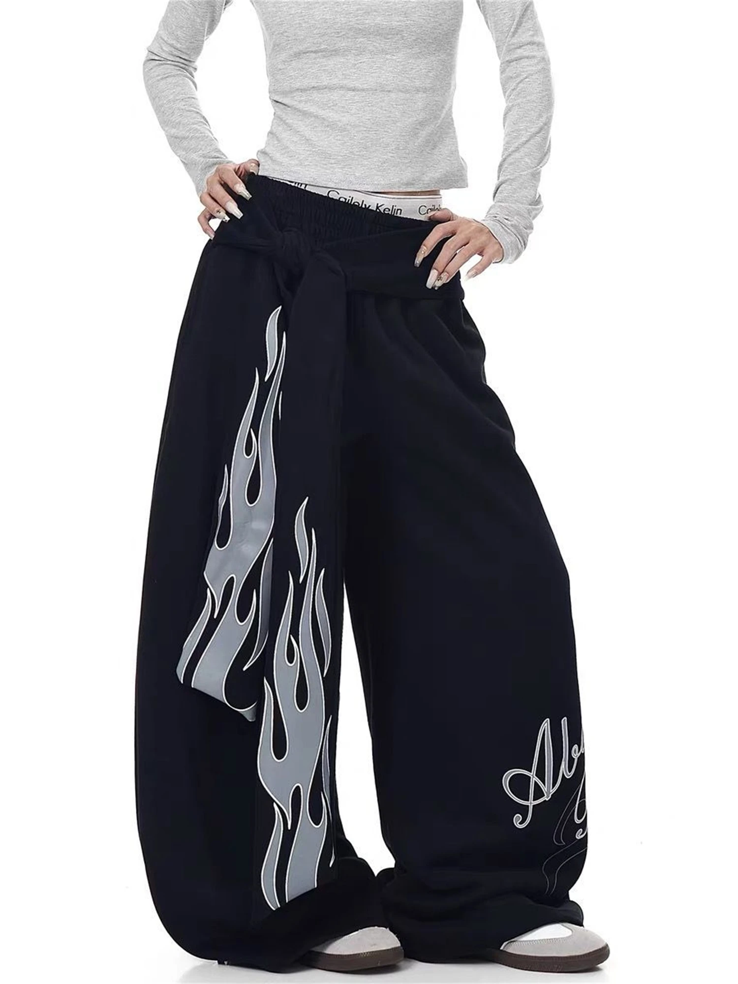 Women's Y2K Flame Print Baggy Pants Streetwear Loose Wide Leg Trousers with Unique Tie Design Casual Hip Hop Fashion Pants
