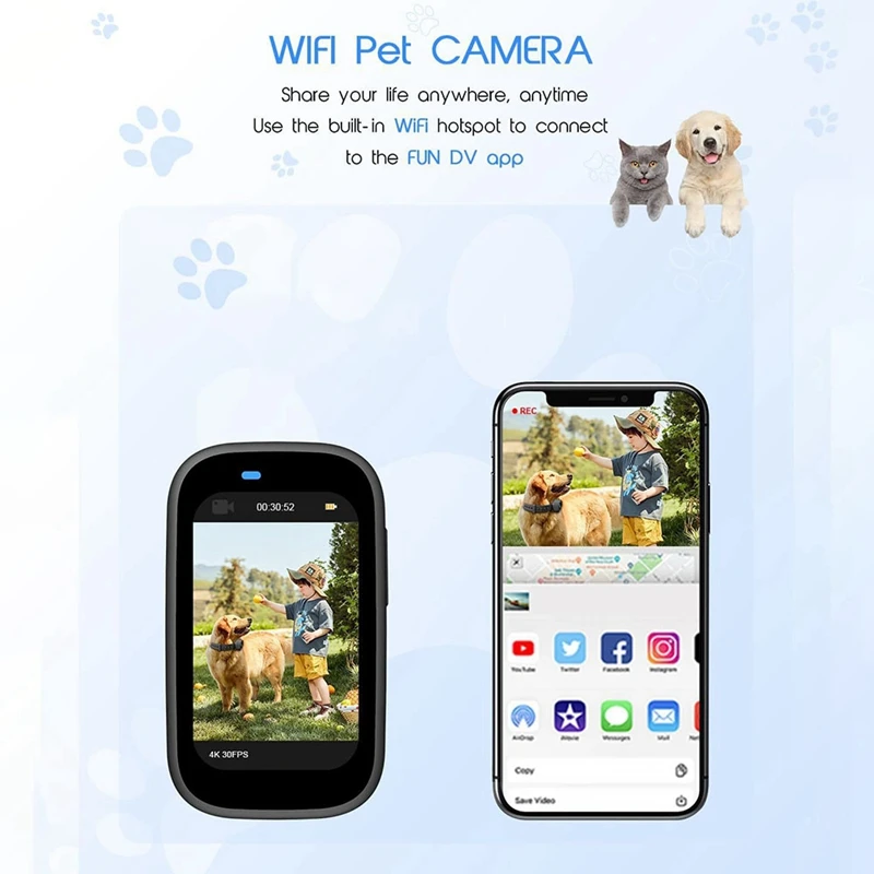 4K 30Hz Pet Collar Camera, Animal Vlog Camera Mini Action Camera For Video Records Dog Collar Camera