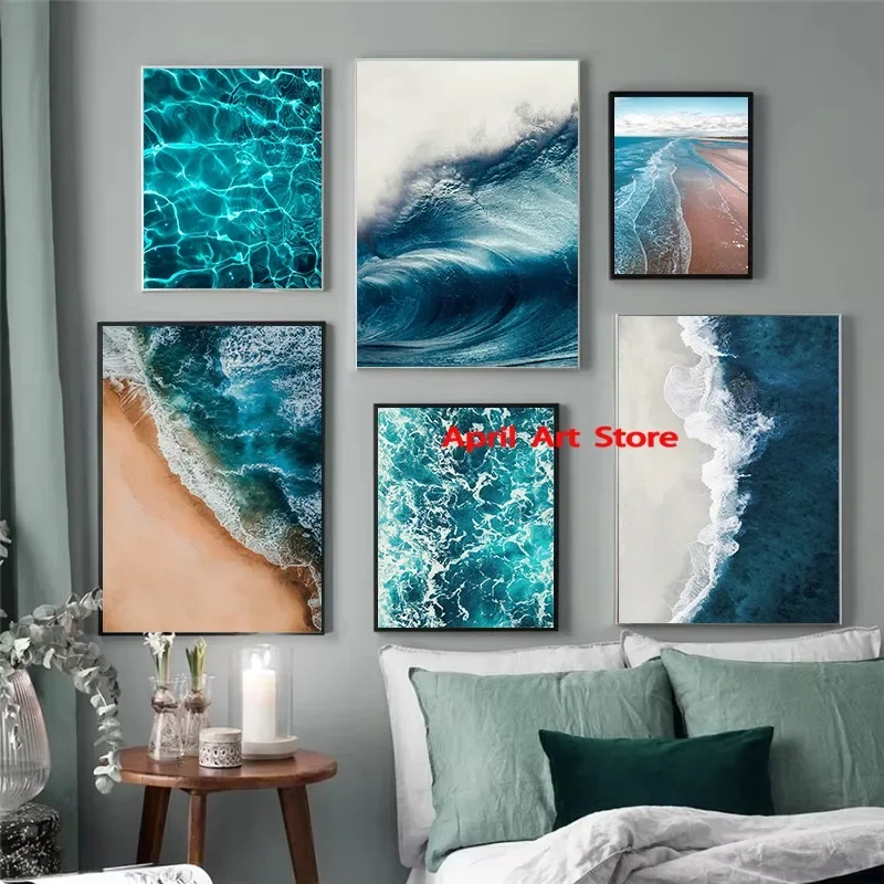 Modern Ocean Water Photography Poster Sea Beach Blue Waves Nature Canvas Printing Coastal Wall Art Picture for Room Home Decor