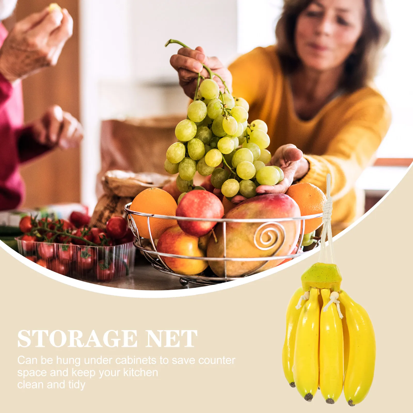 1Set Handmade Woven Fruit Hammock Under Cabinet Hanging Storage Basket for Bananas Onions Garlic Potatoes Kitchen Space Saver