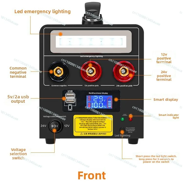 12/24V Truck Jump Starter Power Supply with USB, Reverse Polarity Protection, Force Start & LED Light