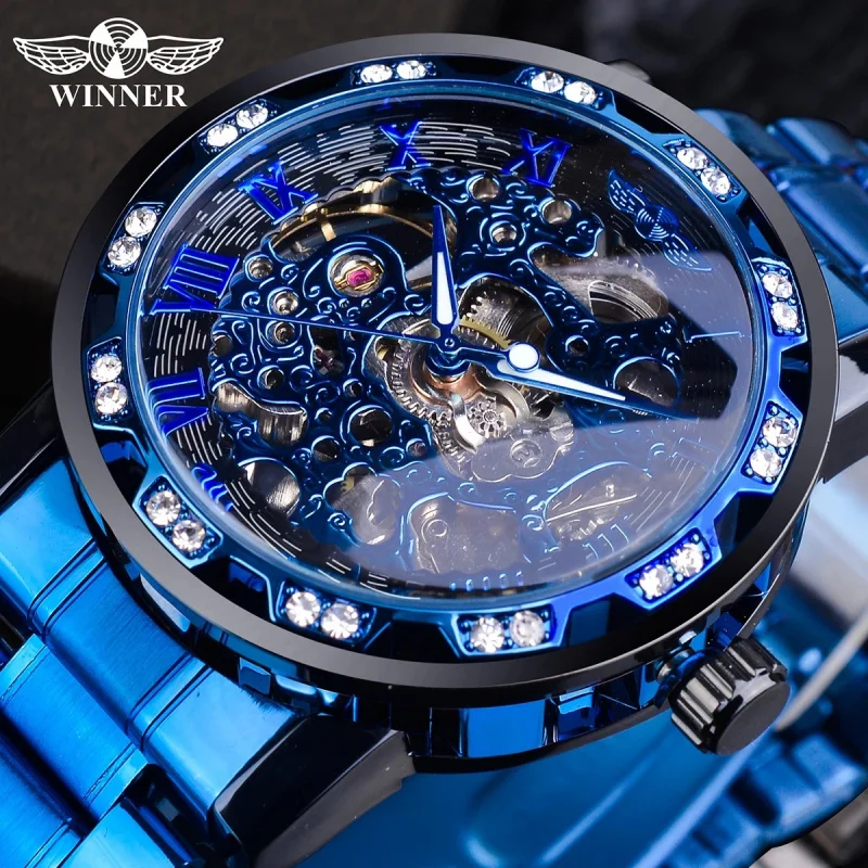 

Official brand of free shippingHot Hollow Men's Rhinestone Manual Mechanical Watch Blue Luminous Pointer Watch