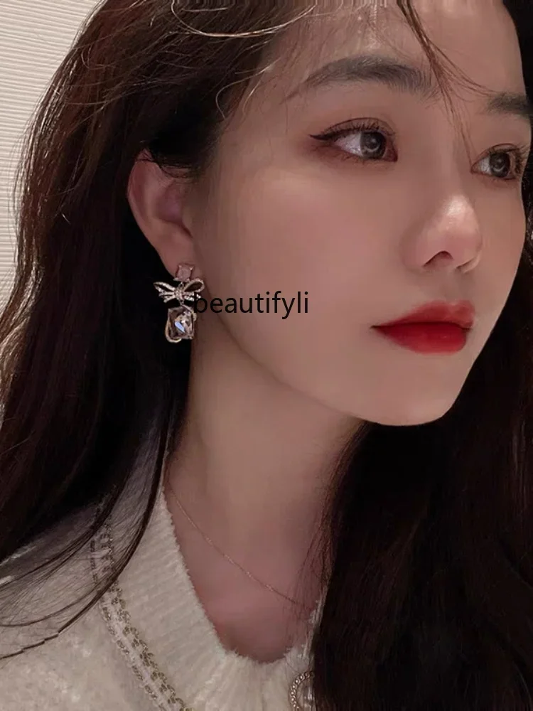 yj Bow Square Stud Earrings Light Luxury High-Grade Unique Earrings Graceful Earrings Accessories