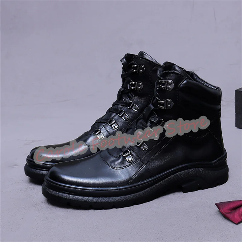 Sepatu Boots Kulit Asli Pria Model Tinggi dengan Tali Silang Gaya Inggris, Ujung Bulat, Sol Tebal, Tinggi Setengah Betis, Sepatu Luar Ruangan Pria