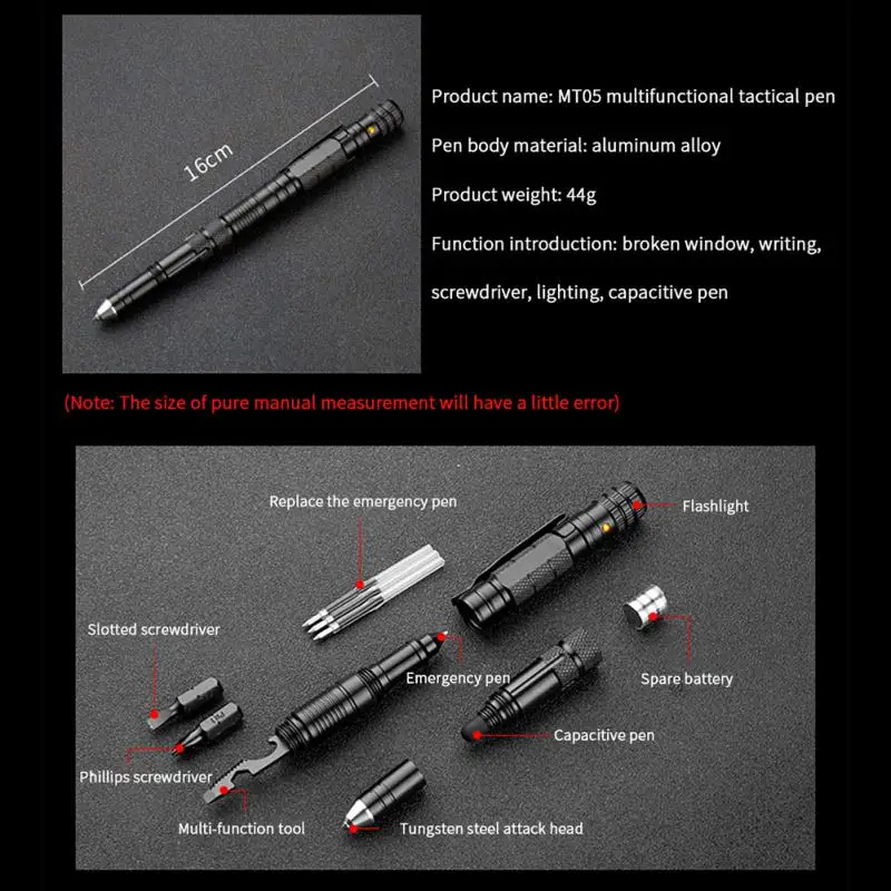 Bolígrafo multifunción de 1 a 8 piezas, linterna de emergencia, destornillador, abrebotellas, rompeventanas, supervivencia al aire libre