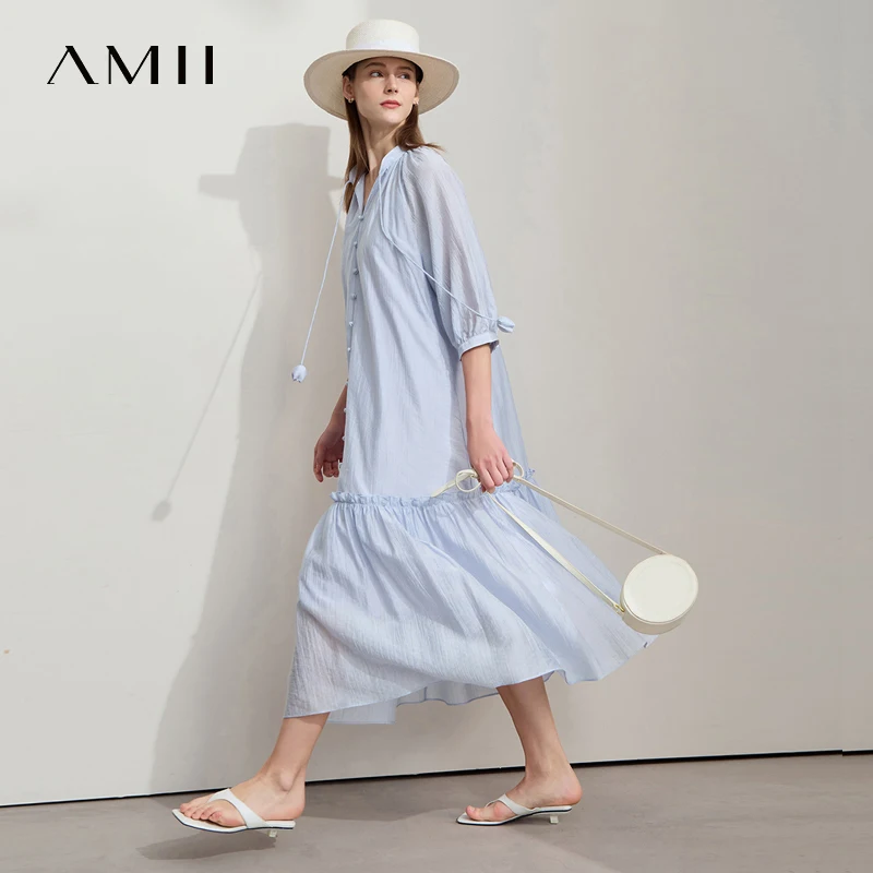 AMII Minimalist Office Lady Dress for Women 2026 Summer New Short Sleeve V-neck Solid Wrinkled Texture Dresses Female 12542105