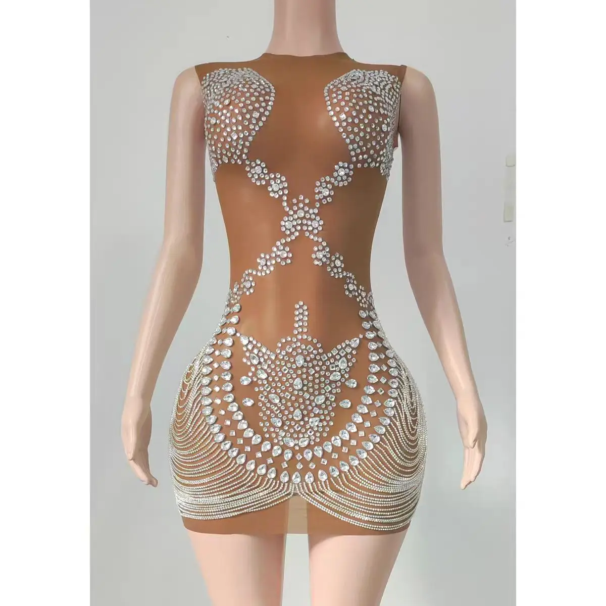 Full Diamond prospettiva Mesh Slim Fitting Sexy gonna corta Nightclub DJ Bar cantante femminile Stage Costume Party Theme Show