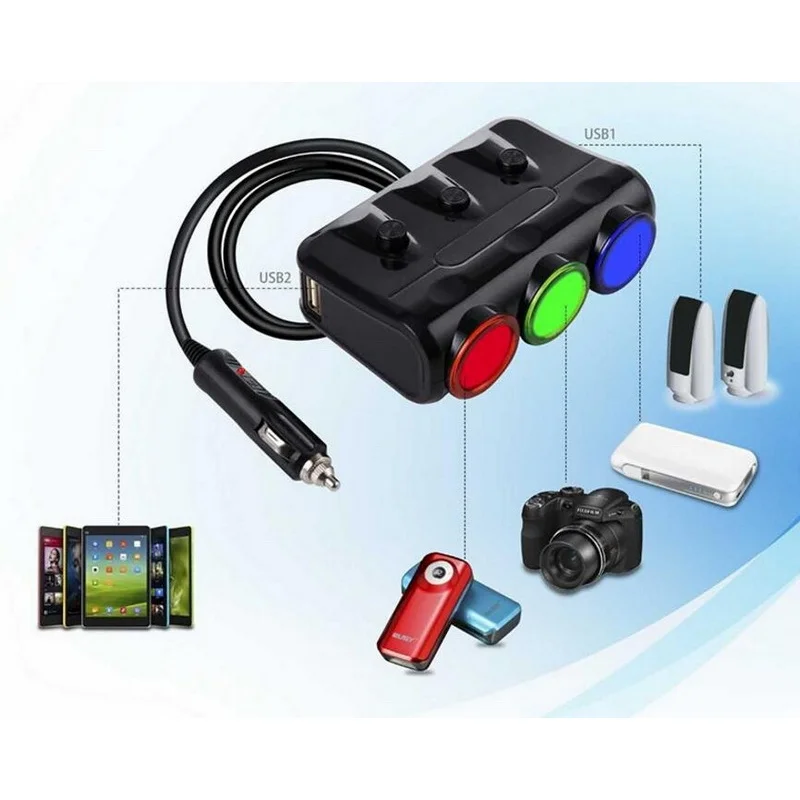 ولاعة سجائر للسيارة بقدرة 120 وات ثلاثية الاتجاهات - شاحن سريع 12-24 فولت 2 USB 3.1 أمبير لحماية جهد iPhone/الحرارة الزائدة