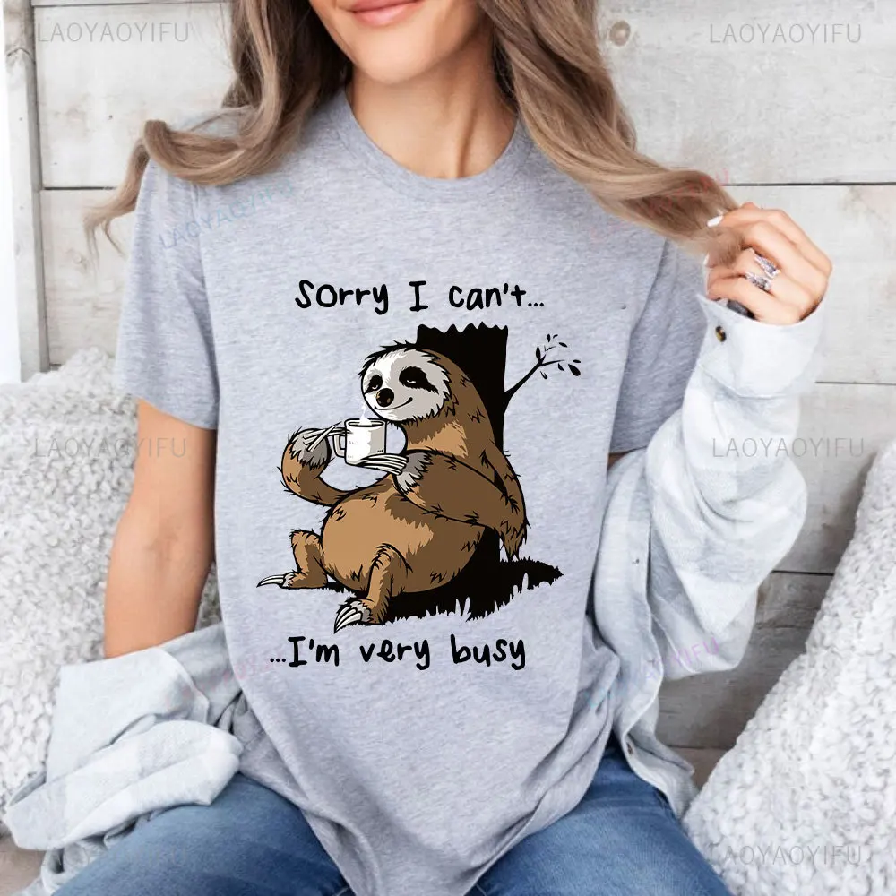 2025 Funny Sorry I Can't... I'm Very Busy Printed Totton T-shirt Funny Sloth Coffee Pattern Short-sleeve Tee Casual Outdoor Tops