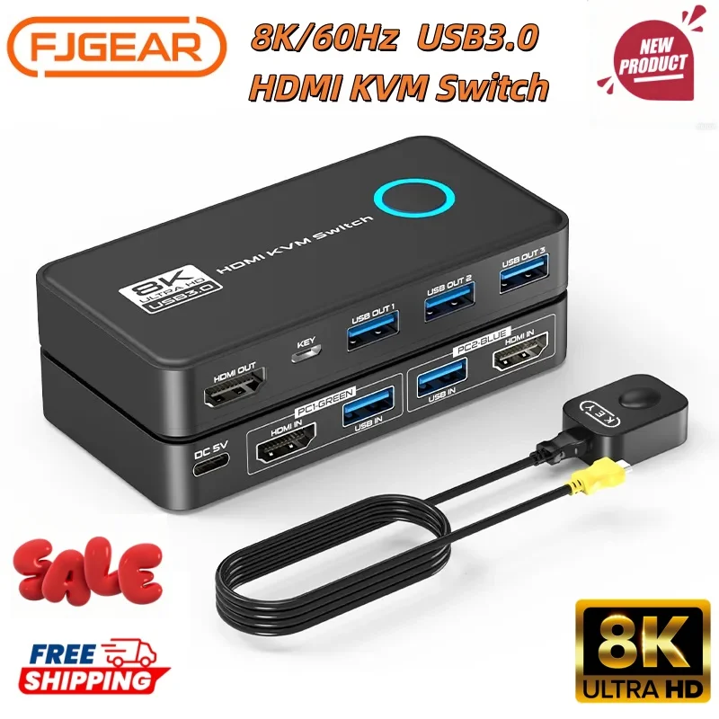 

FJGEAR 8K302S 2-портовый HDMI KVM-переключатель с технологией SBS 3.0, поддержка питания 8K 60 Гц, стабильное питание для всех USB-устройств
