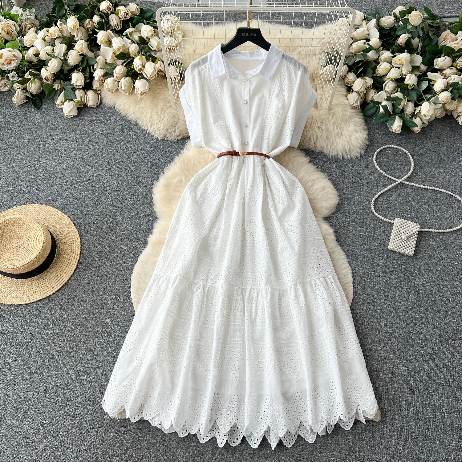 ชุดเดรสยาวทรงหลวม คอปก แขนยาว สำหรับผู้หญิง ฤดูร้อน ดีไซน์กระโปรงทรงเอ จับจีบช่วงเอว แต่งกระดุม สไตล์ลำลองเก๋ไก๋