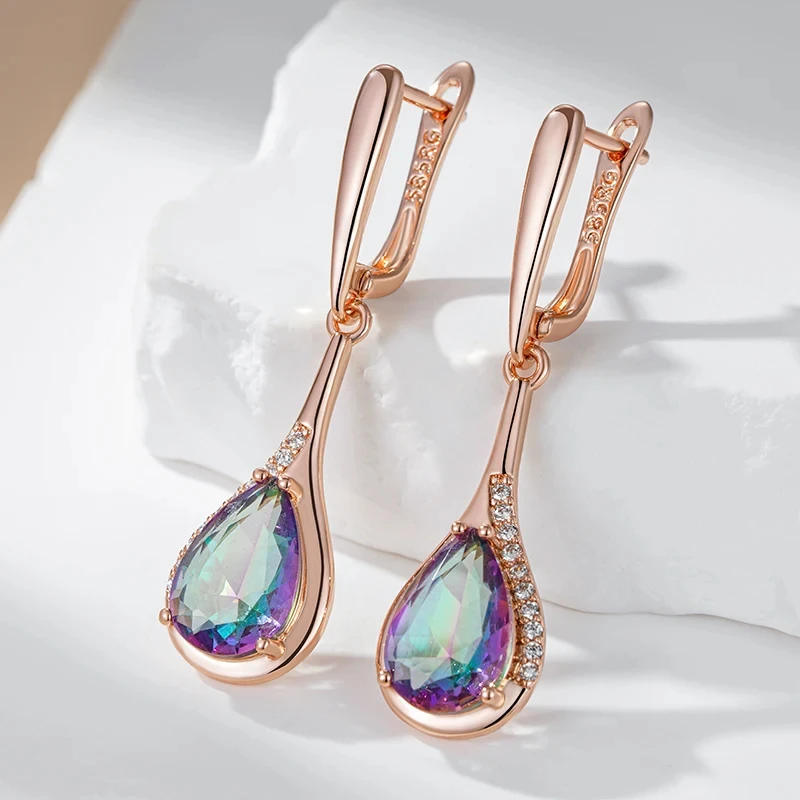 Wbmqda Colorful Stone Long Drop Earrings For Women 585 Rose Gold Color Luxury Wedding Party Jewelry Accessories