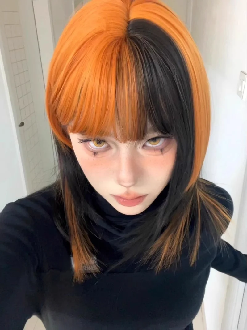 Synthetische Zwart & Vuile Oranje Hoogtepunten Pruik Y2K Subcultuur Pruiken met pony Lolita Cosplay Gelaagde Korte Steil Haar Pruik