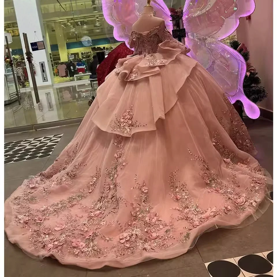 ชุดเดรสงาน Quinceanera แบบพองฟู ทรงบอลกาวน์ แขนยาว ประดับดอกไม้และลูกปัด ชุดเดรสฉลองอายุ 16 ปี 15 ปี สไตล์เม็กซิกัน แบบสั่งตัด