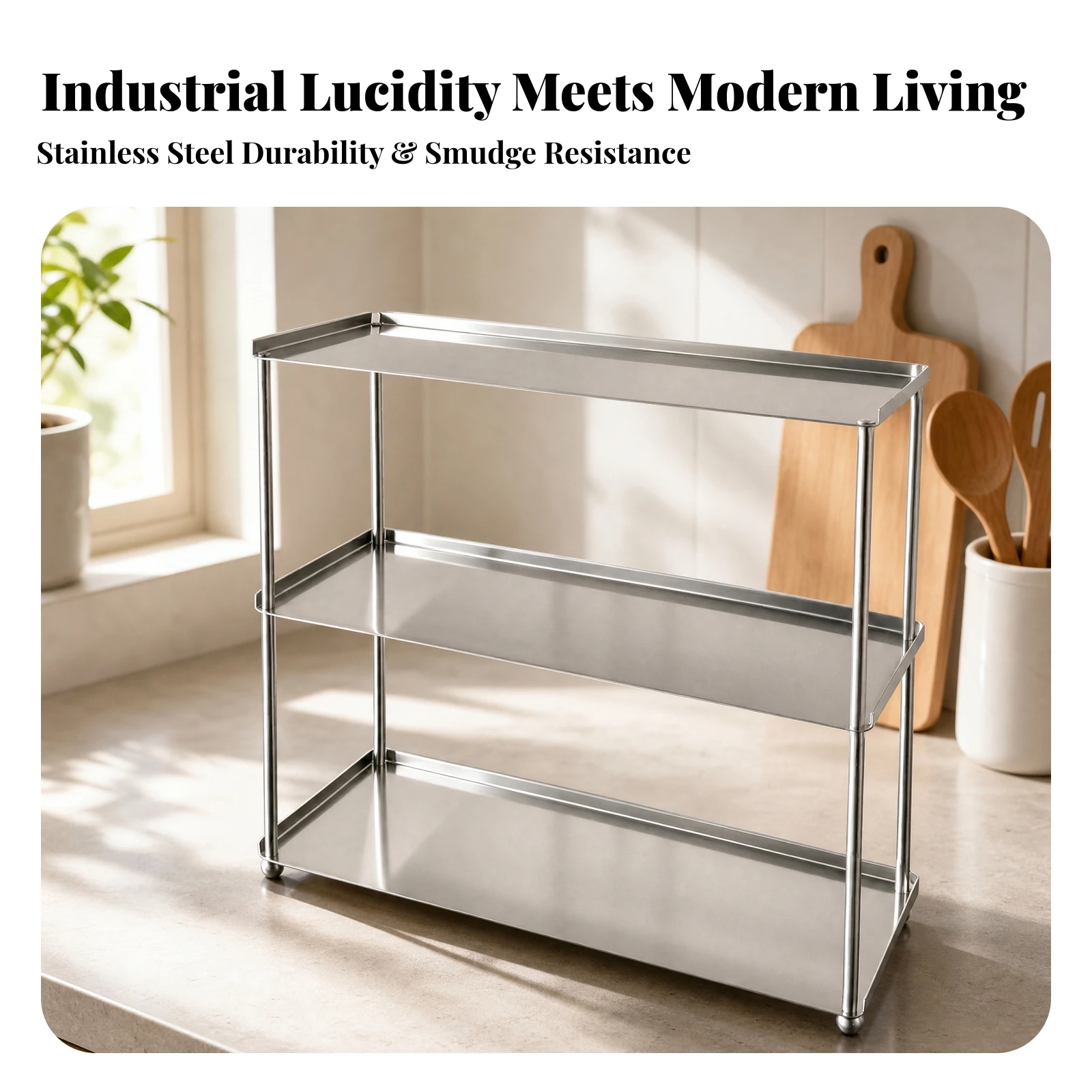 Stainless Steel Tabletop Storage Rack Multifunctional Storage Rack with Raised Edge Shelves Polished Silver Space-Saving