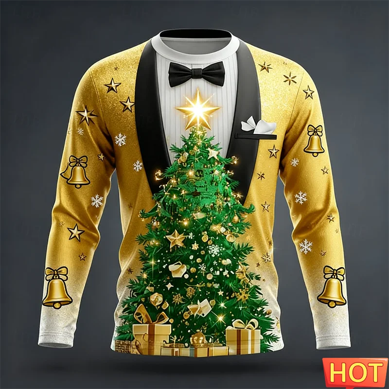 Realistic Suit Pattern Christmas Long Sleeve T Shirt For Men Funny Holiday Wear 3D Printed T-shirt Loose Breathable Xmas Tees
