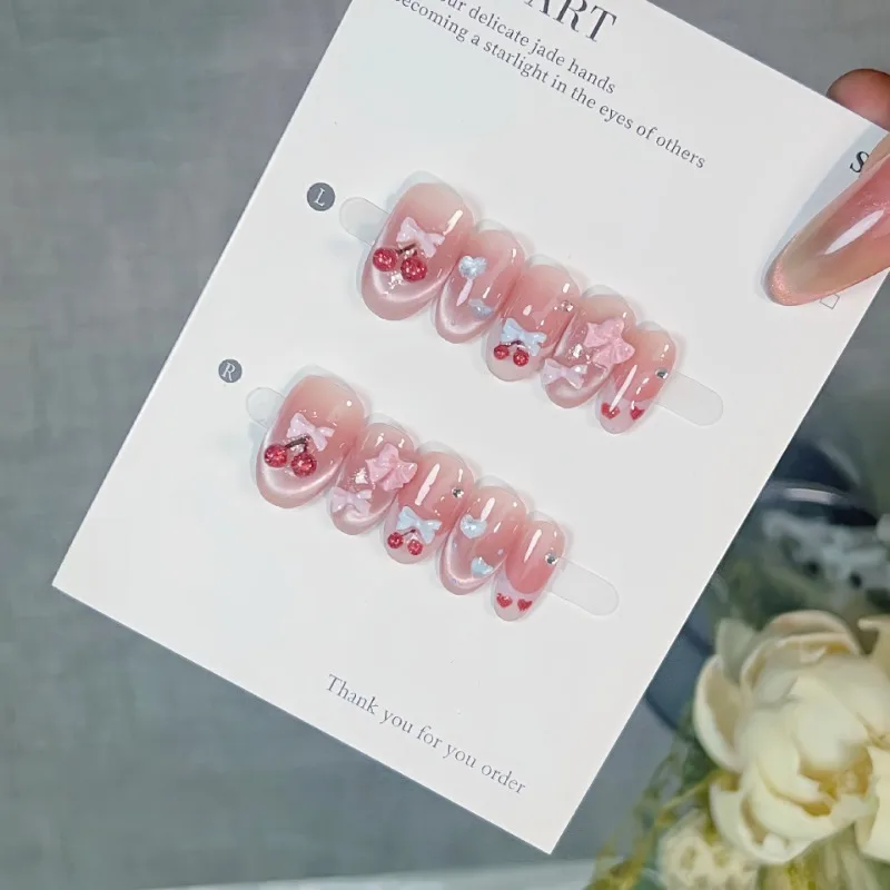 

10 Pieces Summer Sweet and Cute Style Handmade Press On Nails Cherry French Cat Eye Bow Fake Nails