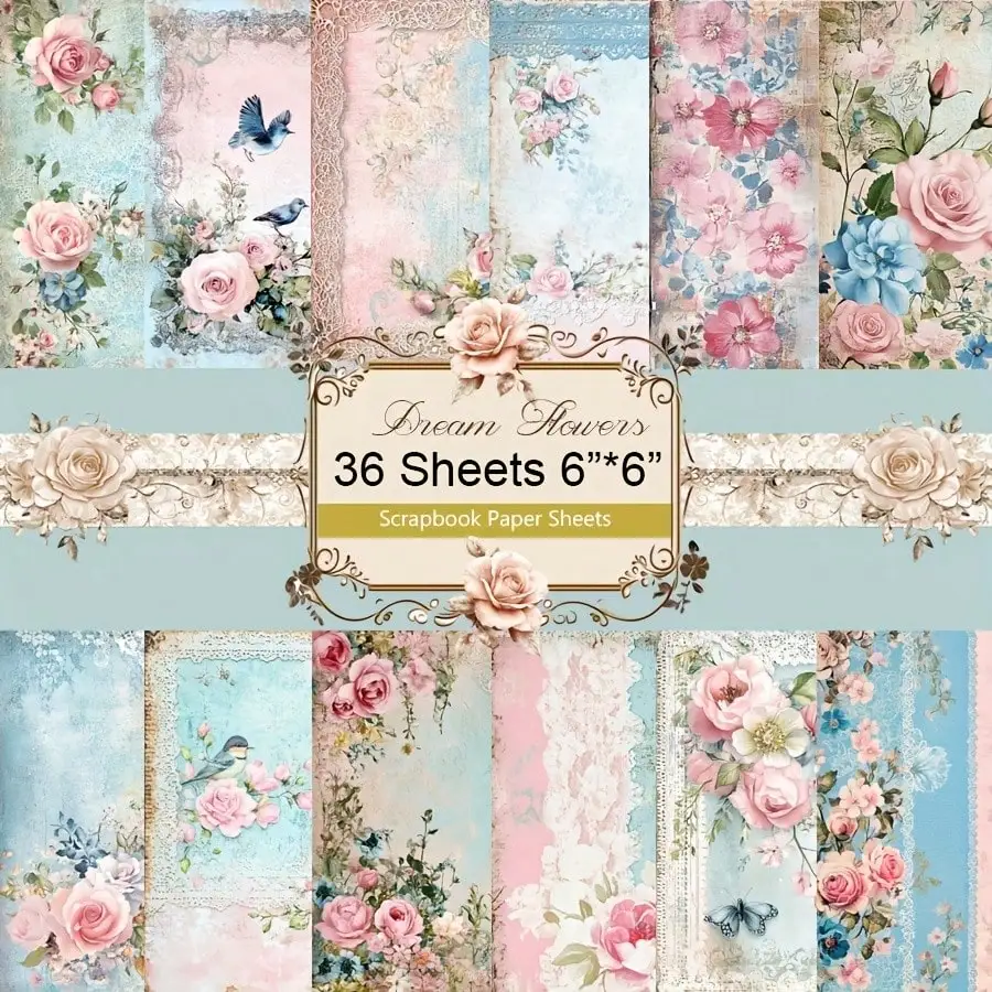 36 Sheets Dream Flowers Scrapbook Paper Pack, Stationery Vintage Art Craft Pattern Paper For Junk Journal Planner Cardstock Pape