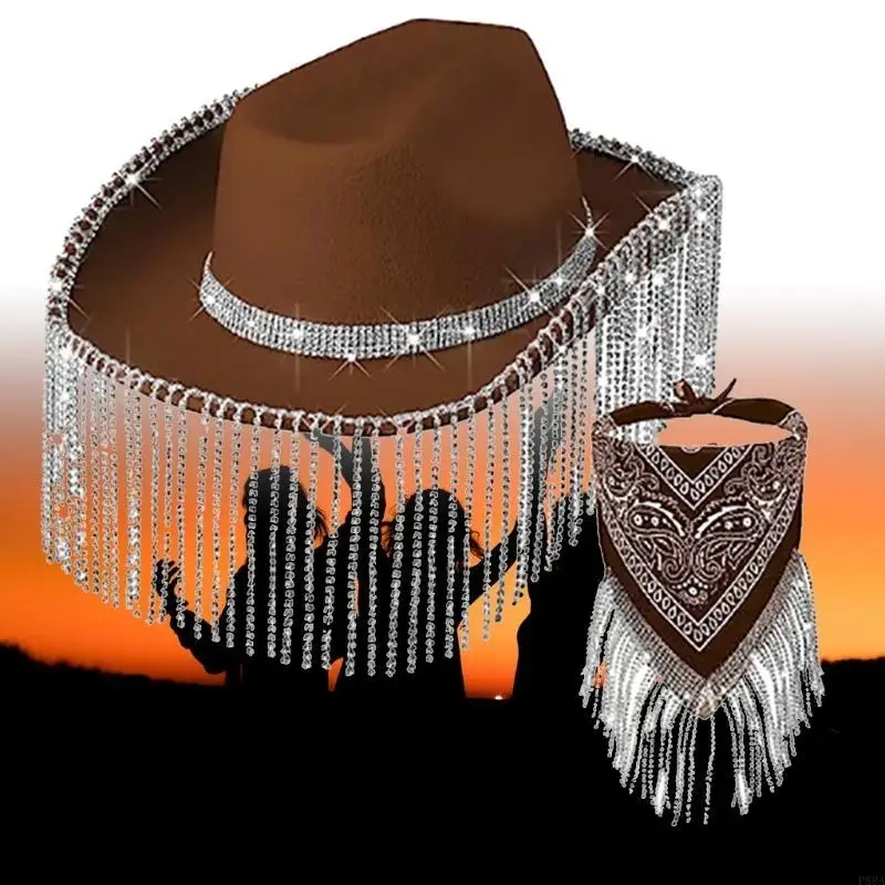 P88A Weatern Cowboy Hat Bandana Set Sequins Women Bandana Tassels Head Scarf Costume