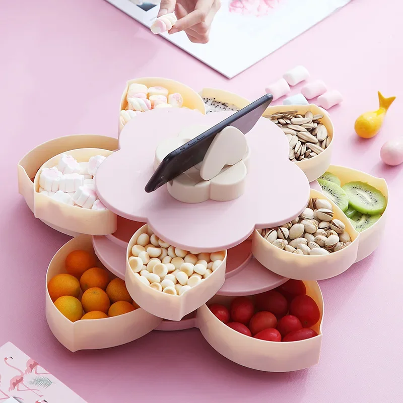 Petal Shape Rotating Candy Box Snack Nut Box Flower Candy Fruit Plate Food Storage Case Two Deck Dried Fruit Storage Organizer