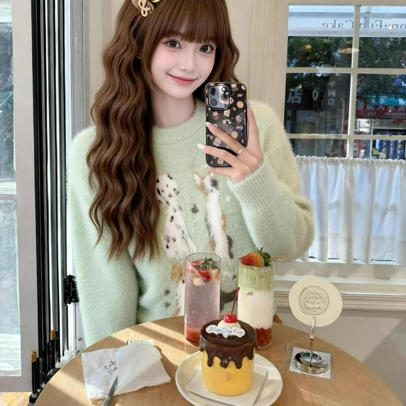 2026 Winter New Fashion Korean-style Laid-back Loose Pullover Top Sweet Cute Imitation Mink Fur Printed Puppy Sweater for Women