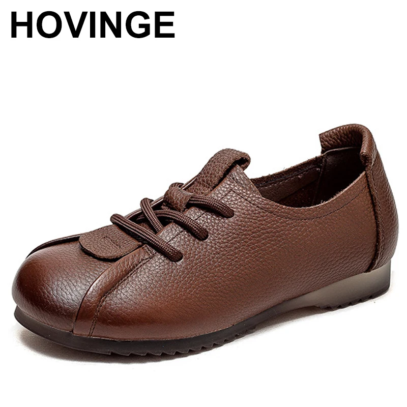 

Lace-up Women Flats Spring Autumn Round Toe Genuine Leather Soft Soled Retro Shoes Woman Loafers New