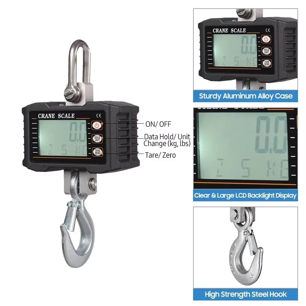 

1000kg Capacity Digital Hanging Scale Aluminum Construction Unit Change Industrial Hook Scales High Precision LCD Backlight