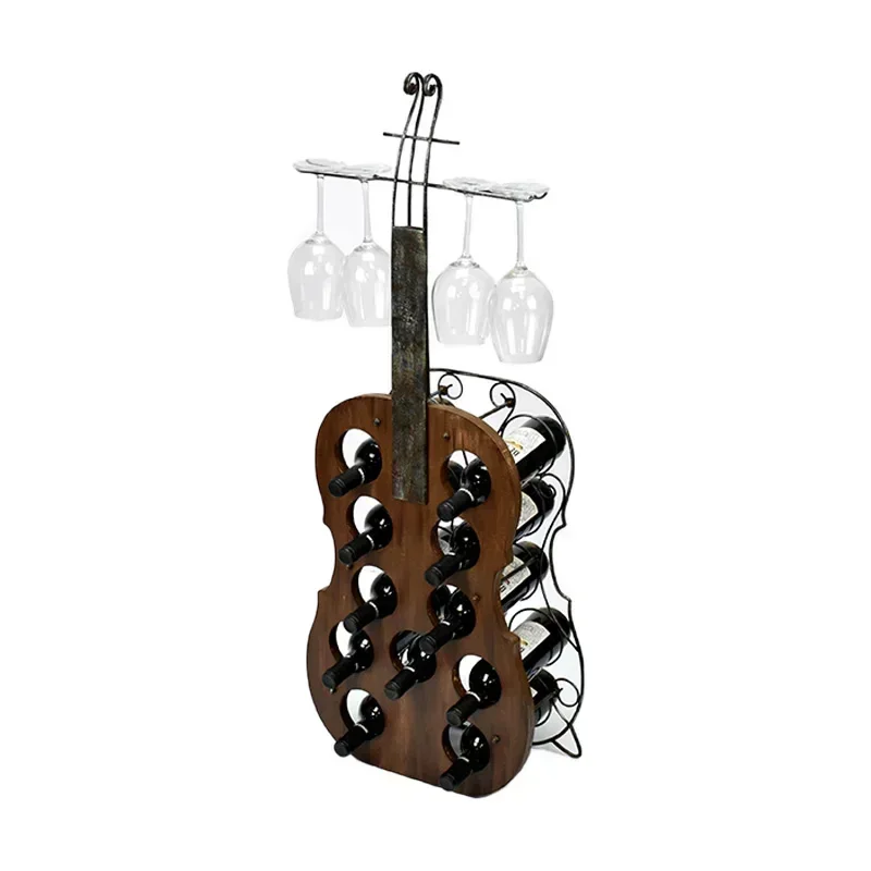 Cello Shape 11 Bottles Decorative Metal Wine Glass Rack Wooden Wine Bottle Holder Wine Rack Display Hot sales