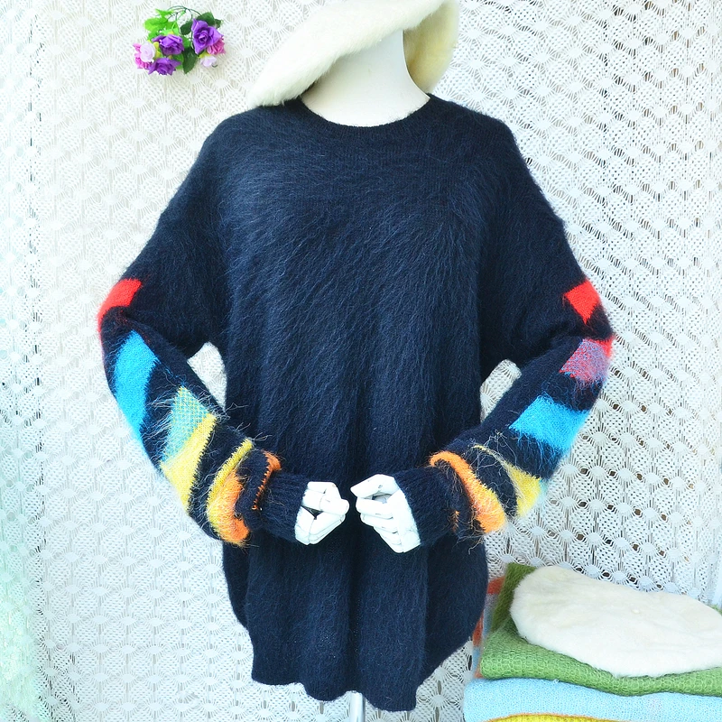 

Женский Mujer, осенне-зимний модный черный полосатый волосатый мохеровый шерстяной вязаный свитер с круглым вырезом и длинными рукавами, свободный пуловер, свитер, джемпер