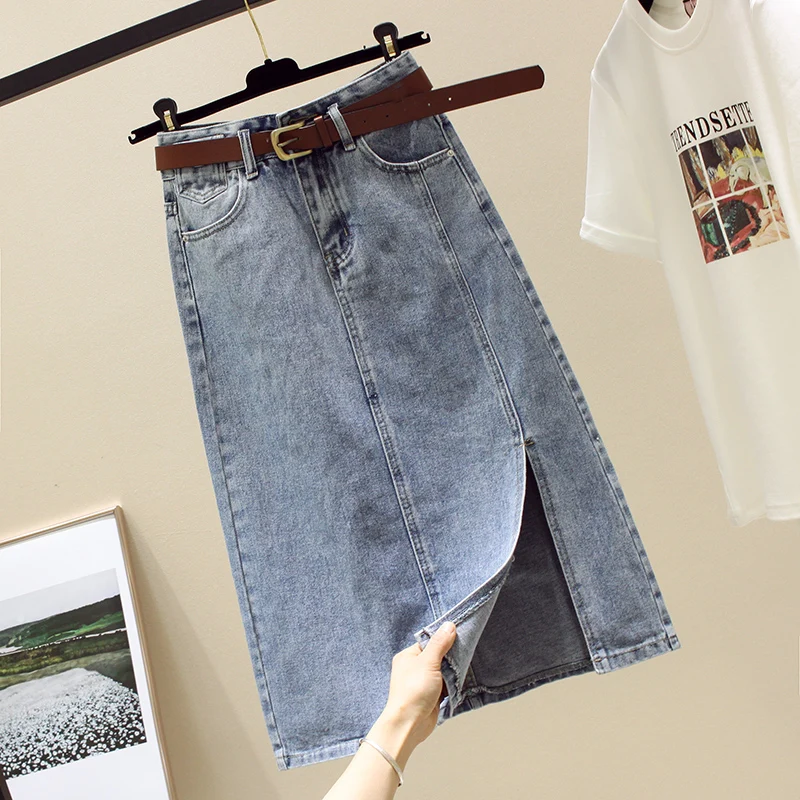 

Light Blue High Waist Split Denim Skirt For Women Simple New Oversized Female Clothing Slim Versatile Hip Wrapped A-line Skirts