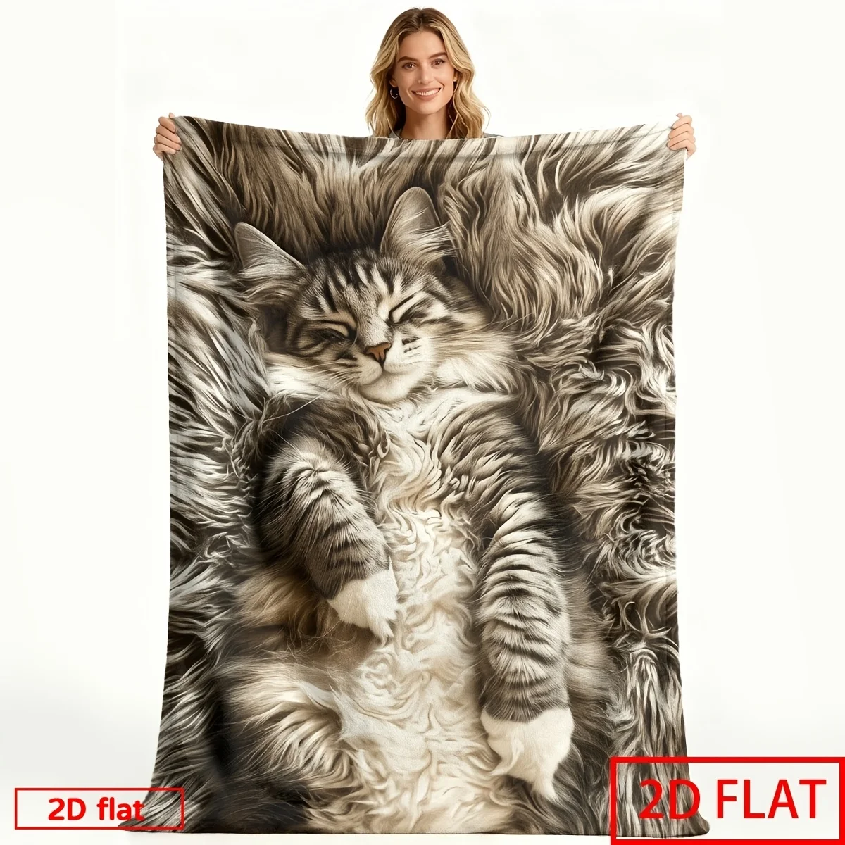 2D Flat Printed 1pc Flannel Printed Blanket of a Norwegian Forest Cat Napping on Its Back, Soft Comfortable Blanket for Couch, O