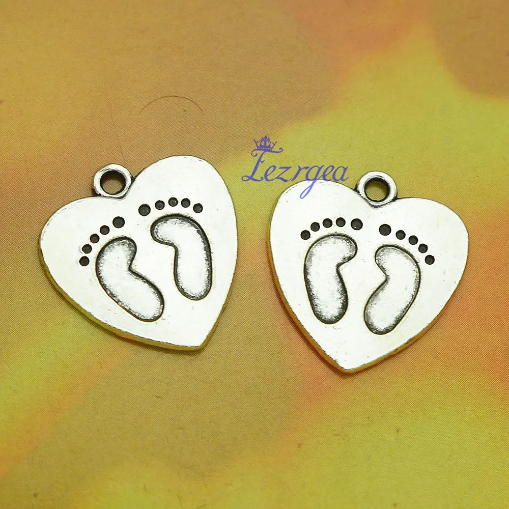 10pcs/lots Vintage Baby Foot Print Charms New Born Heart Pendants For Diy Necklace Keychain Jewelry Making Supplies Accessories