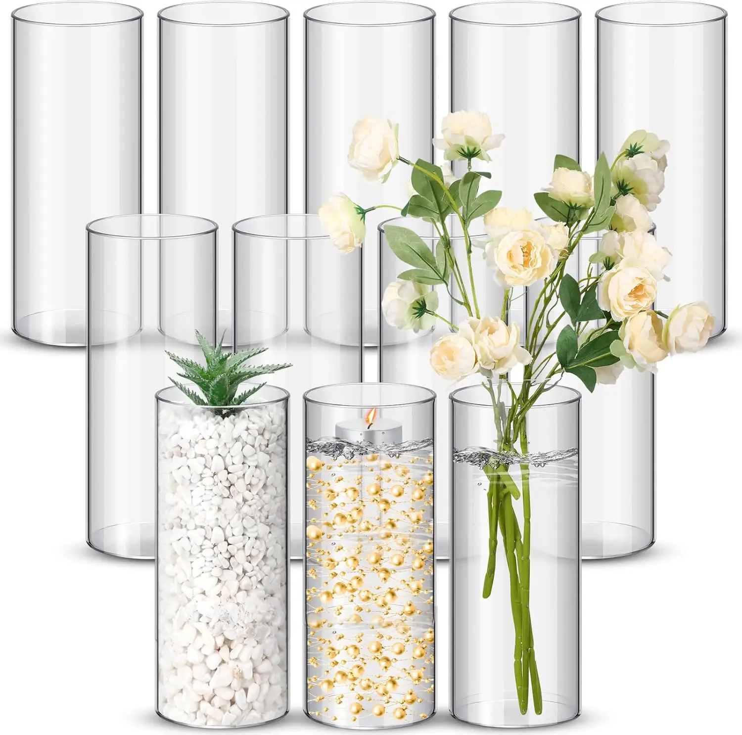 

12 Clear Plastic Cylinder Vases 8 Inch for Wedding Centerpieces Party Decor
