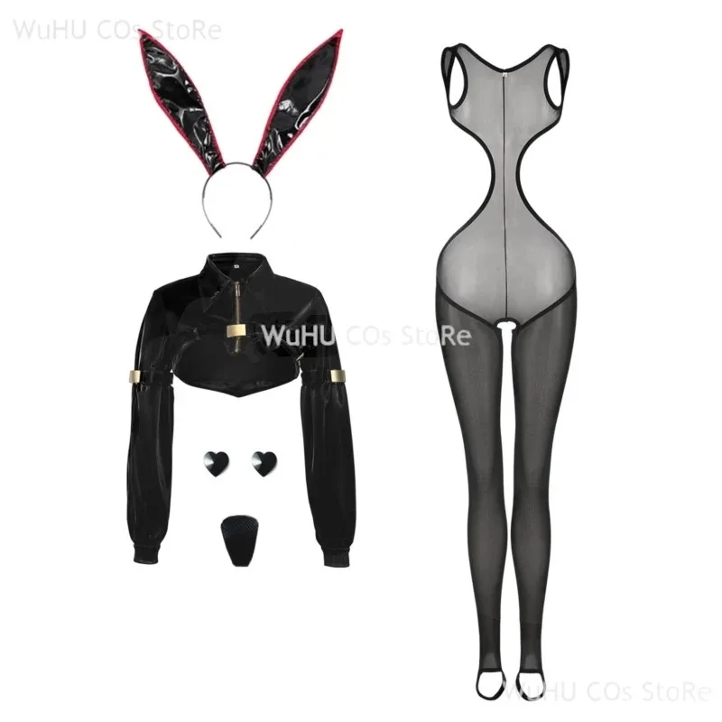 متوفر في المخزون التصميم الأصلي بو الجلود عكس الأرنب فتاة تأثيري حلي بذلة سوداء قماش شبكي ينغيرييس المرأة مثير تأثيري