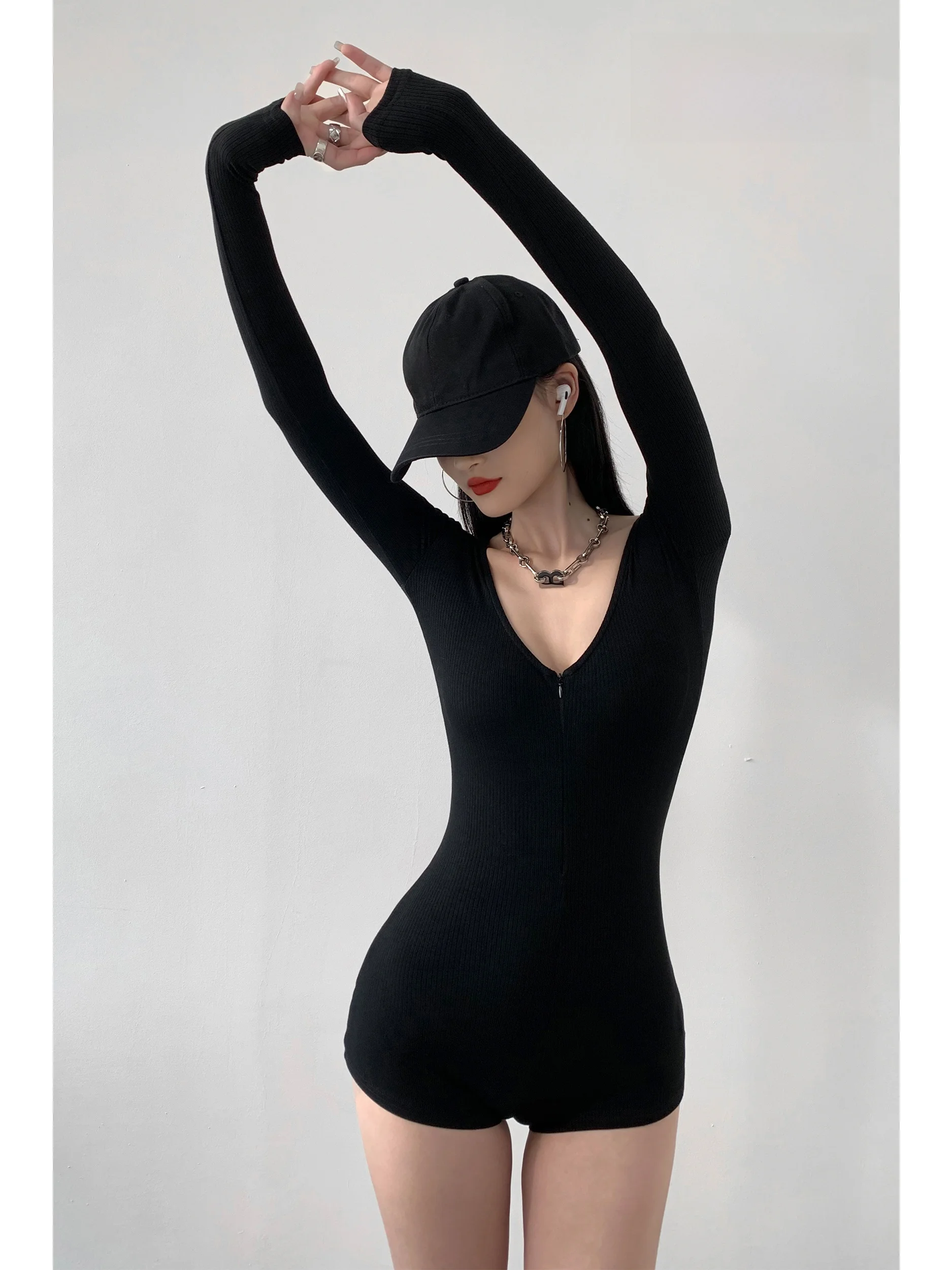 

Женский модный комбинезон-боди с V-образным вырезом, длинными рукавами, на молнии, для весны и осени, корректирующий фигуру, для ношения под одеждой