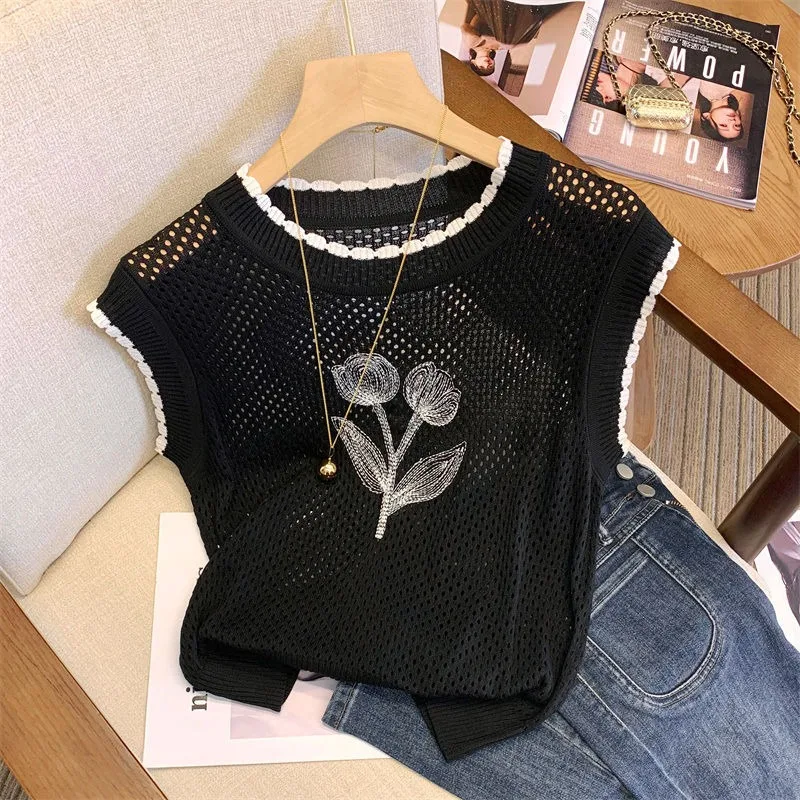 Summer Knitting Hollow Tank Tops Women Camisole Korean Fashion Flowers Luxury Designer Sleeveless Top Slim Fit Women Clothes