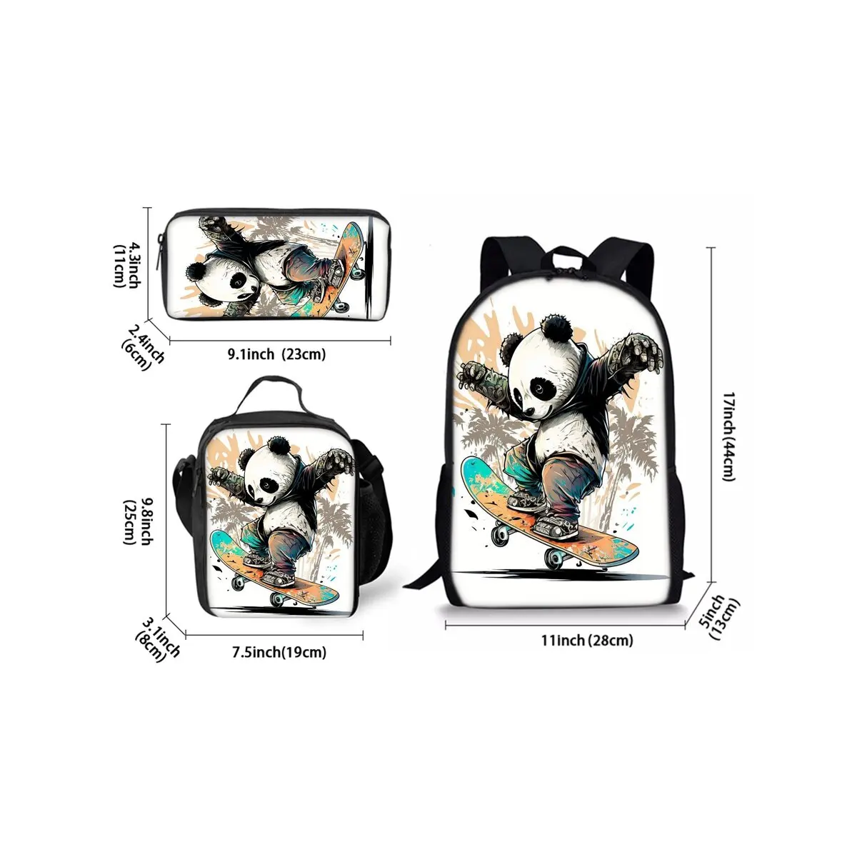 Panda Print Three Piece Backpacks Set for Boy and Girls Best Gifts 2D Flat Cartoon School Bag for Children