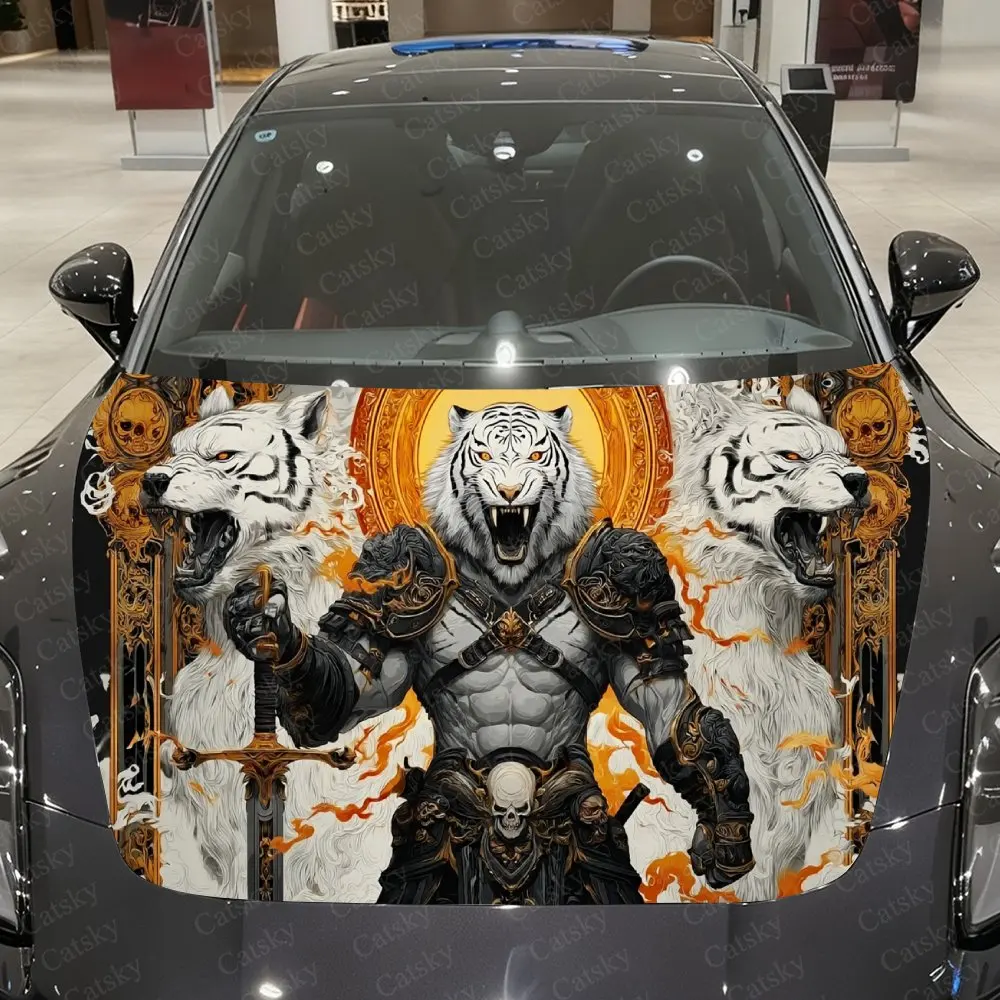 

Golden Armor White Tiger Warrior Car Vinyl Wrap, PVC Material Waterproof Car Hood Sticker, Self-Adhesive Scratch-Resistant Stick
