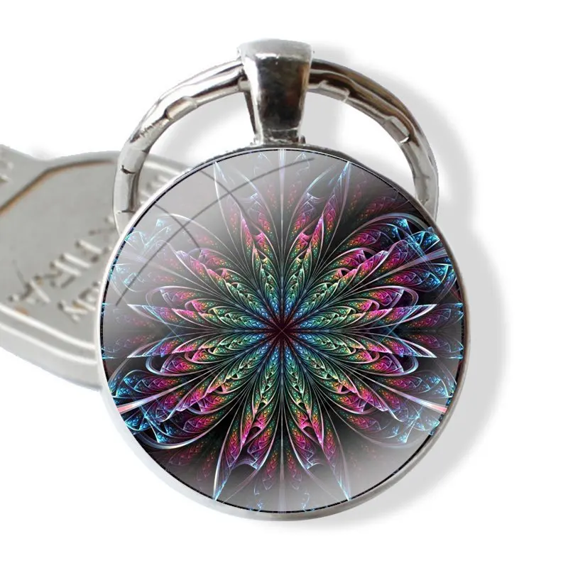 Mandela flower art Feather 25mm Glass Cabohcon Keychain Key Rings for Women Men Jewelry Gift